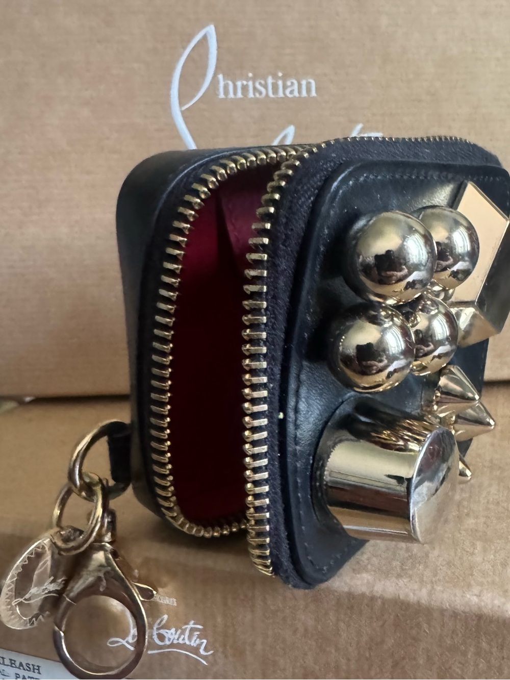 Christian Louboutin Black Leather Studded Mini Zip Key Dog Pouch